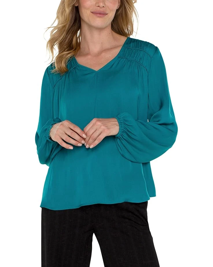 Liverpool Los Angeles Long Sleeve V Neck Woven Blouse with Shirring Light Weight Textured Sateen | Shirts & Tops 1 Liverpool Los Angeles Long Sleeve V Neck Woven Blouse with Shirring Light Weight Textured Sateen | Shirts & Tops