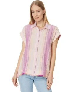 Liverpool Los Angeles Collared Camp Shirt with Hi-Low Hem and Fray Hem | Shirts & Tops