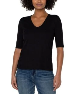 Liverpool Los Angeles Double Layer V-Neck 1/2 Sleeve Rib Knit Top | Sweaters