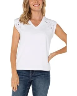 Liverpool Los Angeles Cap Sleeve Dolman V-neck Knit Top With Embroidery | Shirts & Tops