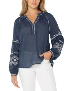 Liverpool Los Angeles Long Sleeve Raglan Woven Blouse With Embroidery | Shirts & Tops