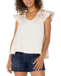 Liverpool Los Angeles Flutter Sleeve V-neck Woven Blouse With Embroidery | Shirts & Tops