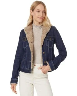 Liverpool Los Angeles Sherpa Collar Trucker Jacket Stretch Indigo Slub Denim | Coats & Outerwear