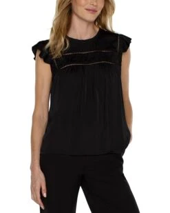 Liverpool Los Angeles Flutter Sleeve Woven Sateen Blouse with Trim Detail | Shirts & Tops