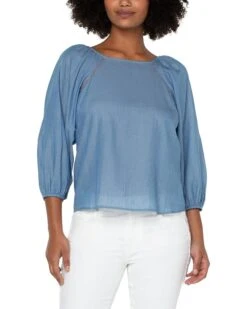 Liverpool Los Angeles 3/4 Pull Sleeve Square Neck Woven Top with Trim | Shirts & Tops