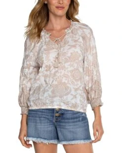 Liverpool Los Angeles 3/4 Sleeve Tie Neck Raglan Crinkle Gauzee Top | Shirts & Tops