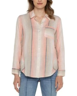 Liverpool Los Angeles Button Front Shirt with 3/4 Sleeve Ombre Woven Stripe | Shirts & Tops