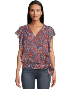 Liverpool Los Angeles Short Sleeve Ruffle Sleeve Draped Front Woven Blouse | Shirts & Tops