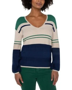 Liverpool Los Angeles V-Neck Blouson Sweater with Color Blocking | Sweaters