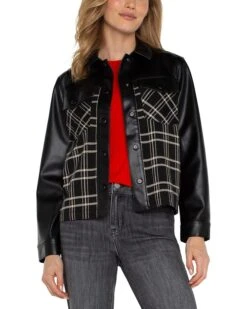 Liverpool Los Angeles Shirt Jacket with Blocking Windowpane Plaid Knit | Coats & Outerwear