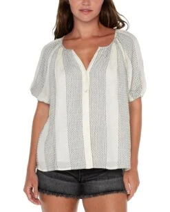 Liverpool Los Angeles Puff Sleeve Button Front Shirred Woven Top | Shirts & Tops